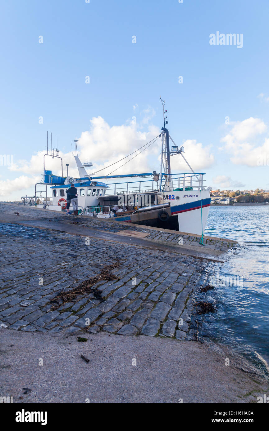 Fishing boat crew landing catch at Hobbs Point, Pembroke Dock, Wales, UK Stock Photo