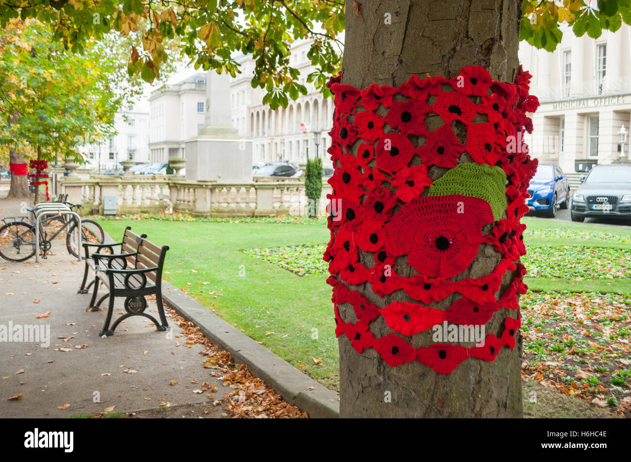 Hand-made Remembrance Day Poppies and War Memorial, 29th October 2016, Cheltenham, Gloucestershire, England, UK. Stock Photo