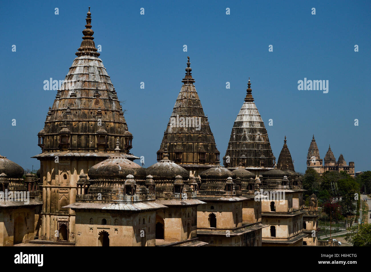 The cenotaphs in Orchha. Orchha (or Urchha) is a town in Tikamgarh district of Madhya Pradesh state, India. The town was establi Stock Photo