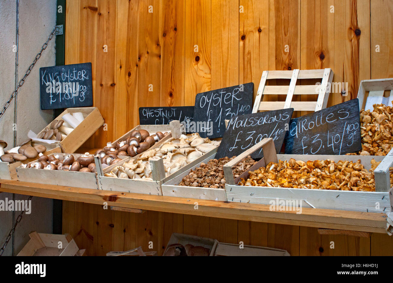 A variety of mushrooms on a stall in Borough Market in Southwark near London Bridge Stock Photo