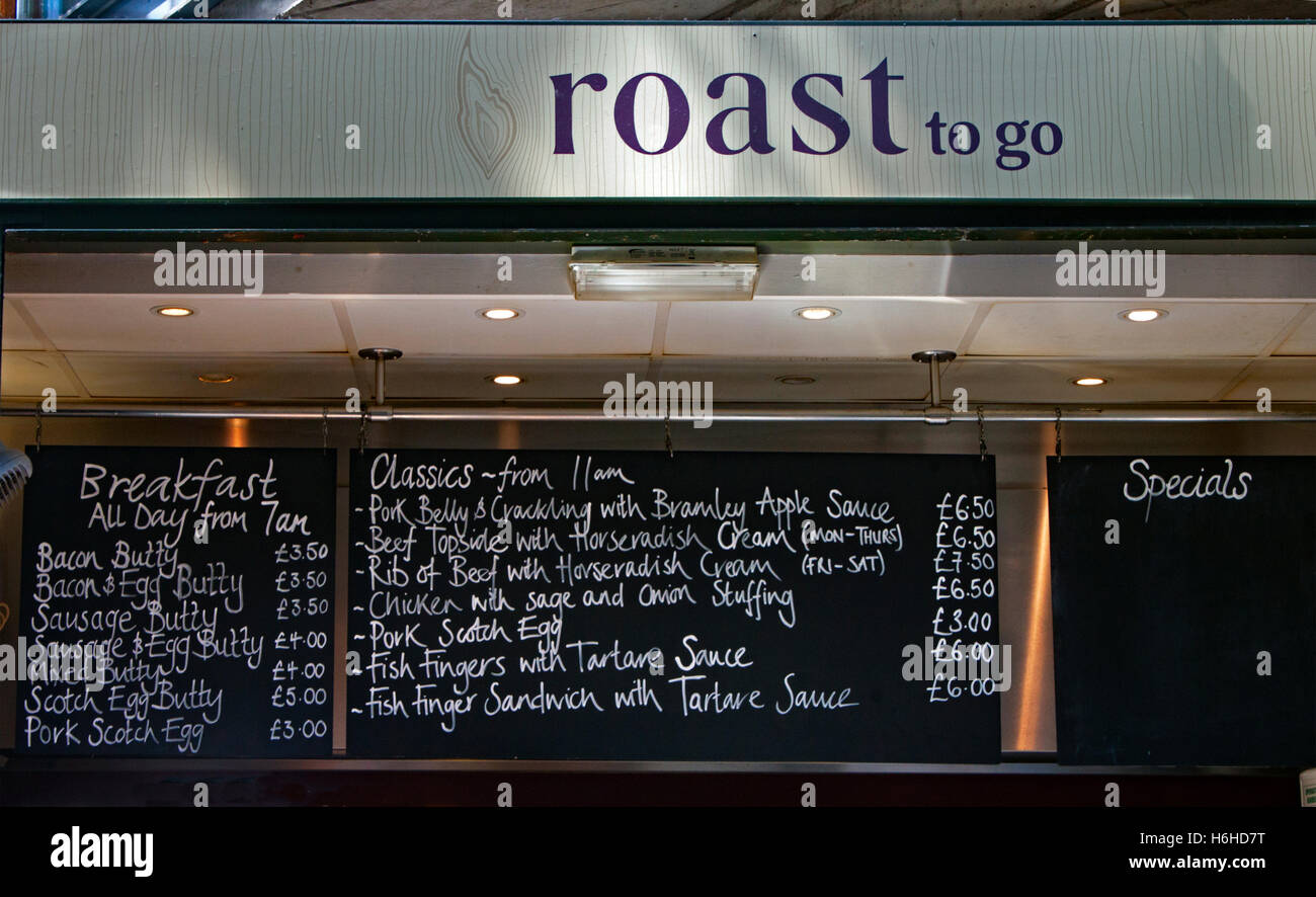 Blackboard menue at a roast me stall in Borough Market in Southwark