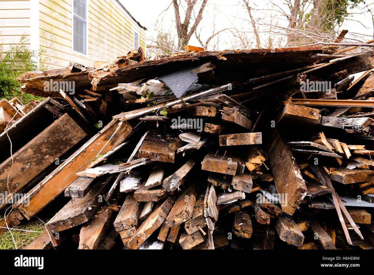 Wood pile, demolition, old home Stock Photo Alamy