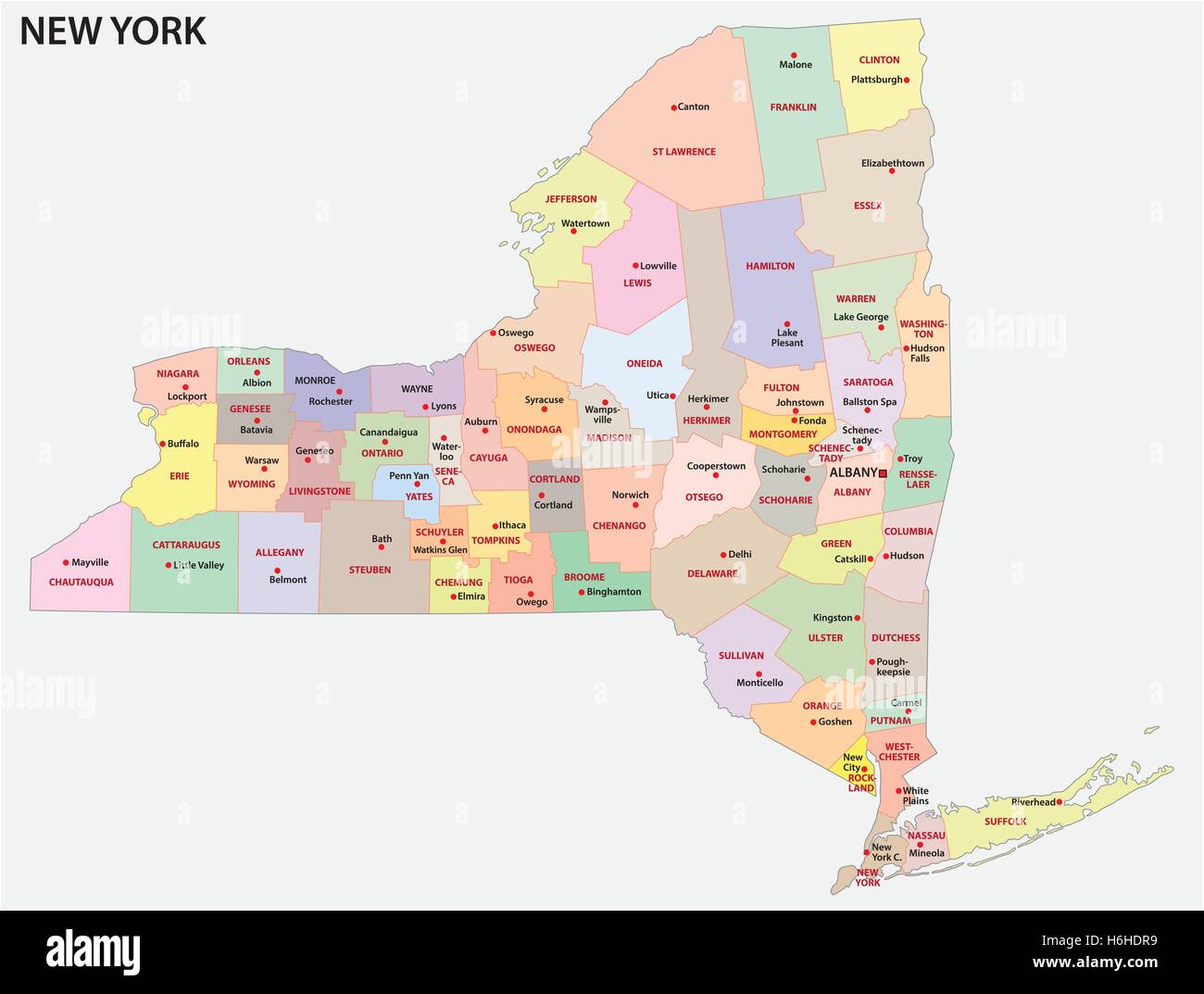 administrative and political map of the US state New York Stock Vector