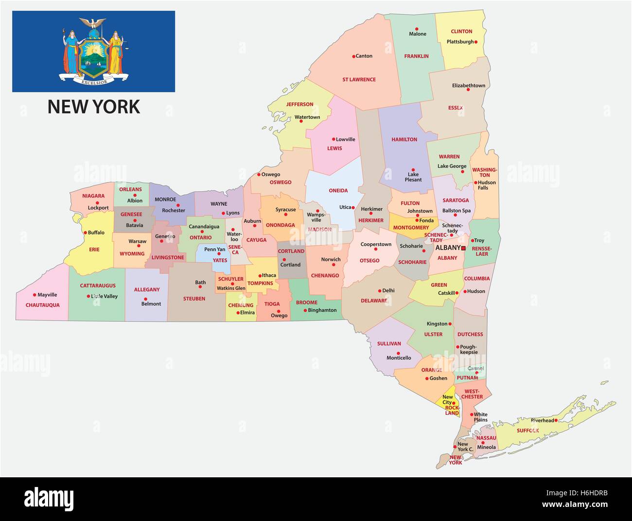 administrative and political map of the US state New York with flag Stock Vector