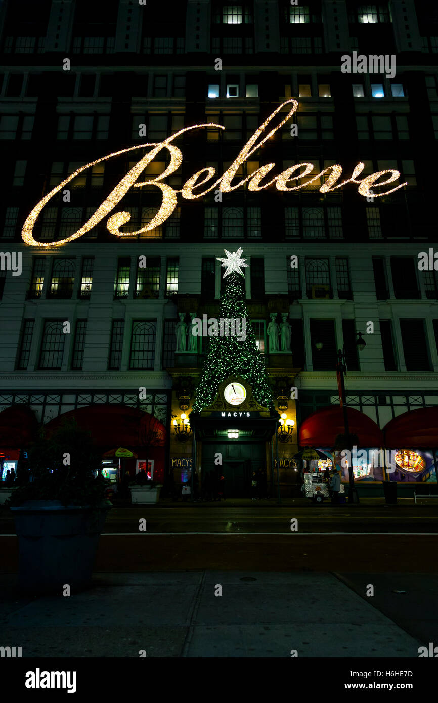 NEWYORK NOV 15 "Believe" light sign and Christmas tree above Macy's