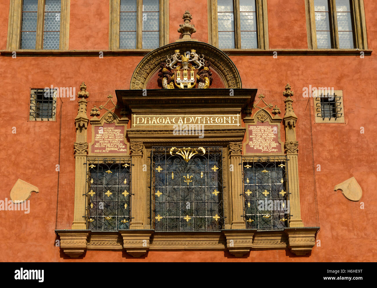 Windows and city crest, Old Town, Prague, Czech Republic Stock Photo