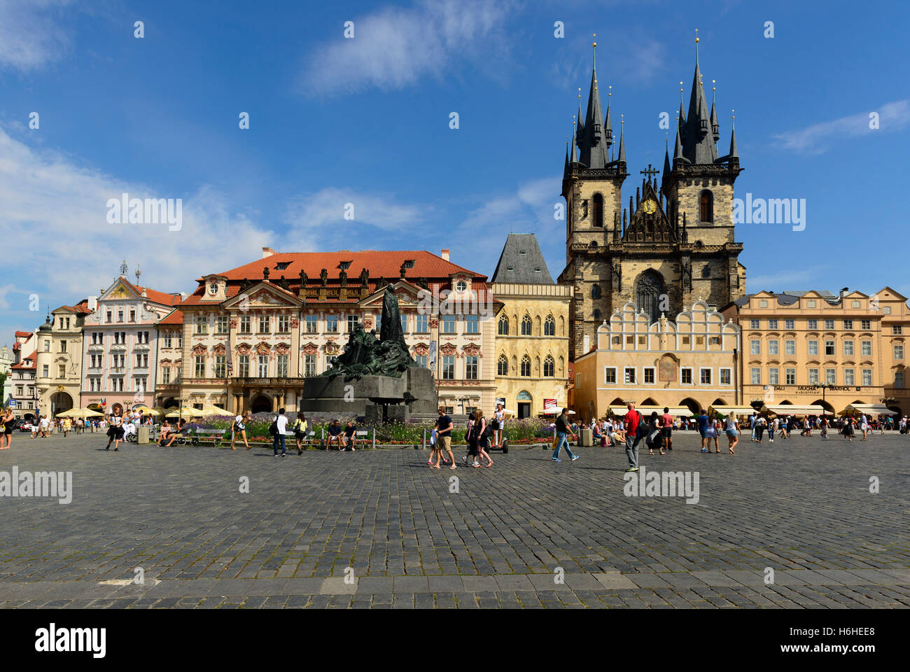 Tyn Church, Old Town Square, monument of Jan Hus, Prague, Czech Republic Stock Photo