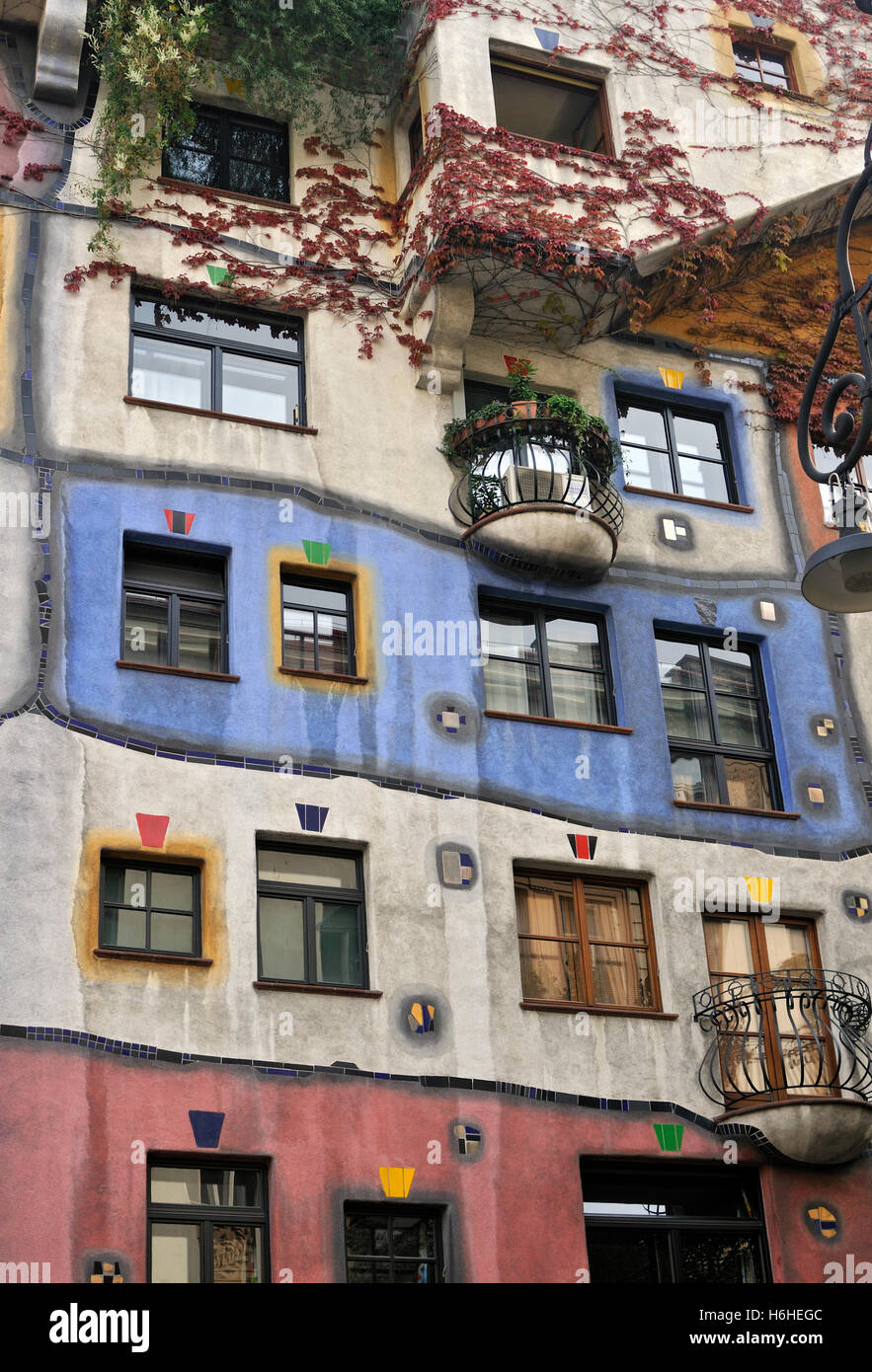 Detail of colorful facade of Hundertwasser House, Hundertwasserhaus, apartment building, Vienna, Austria, Europe Stock Photo