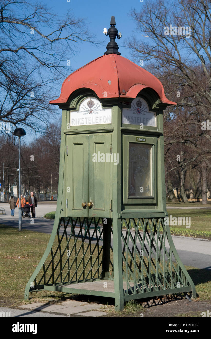 Old phone booth on the island of Djurgarden, Stockholm, Sweden, Scandinavia, Europe Stock Photo