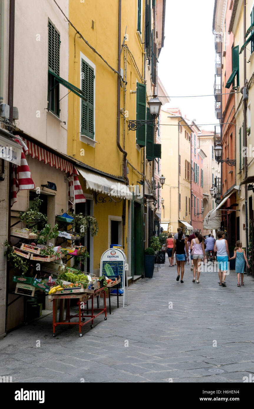Narrow alleyway in the historic town of Alassio, Italian Riviera, Liguria, Italy, Europe Stock Photo