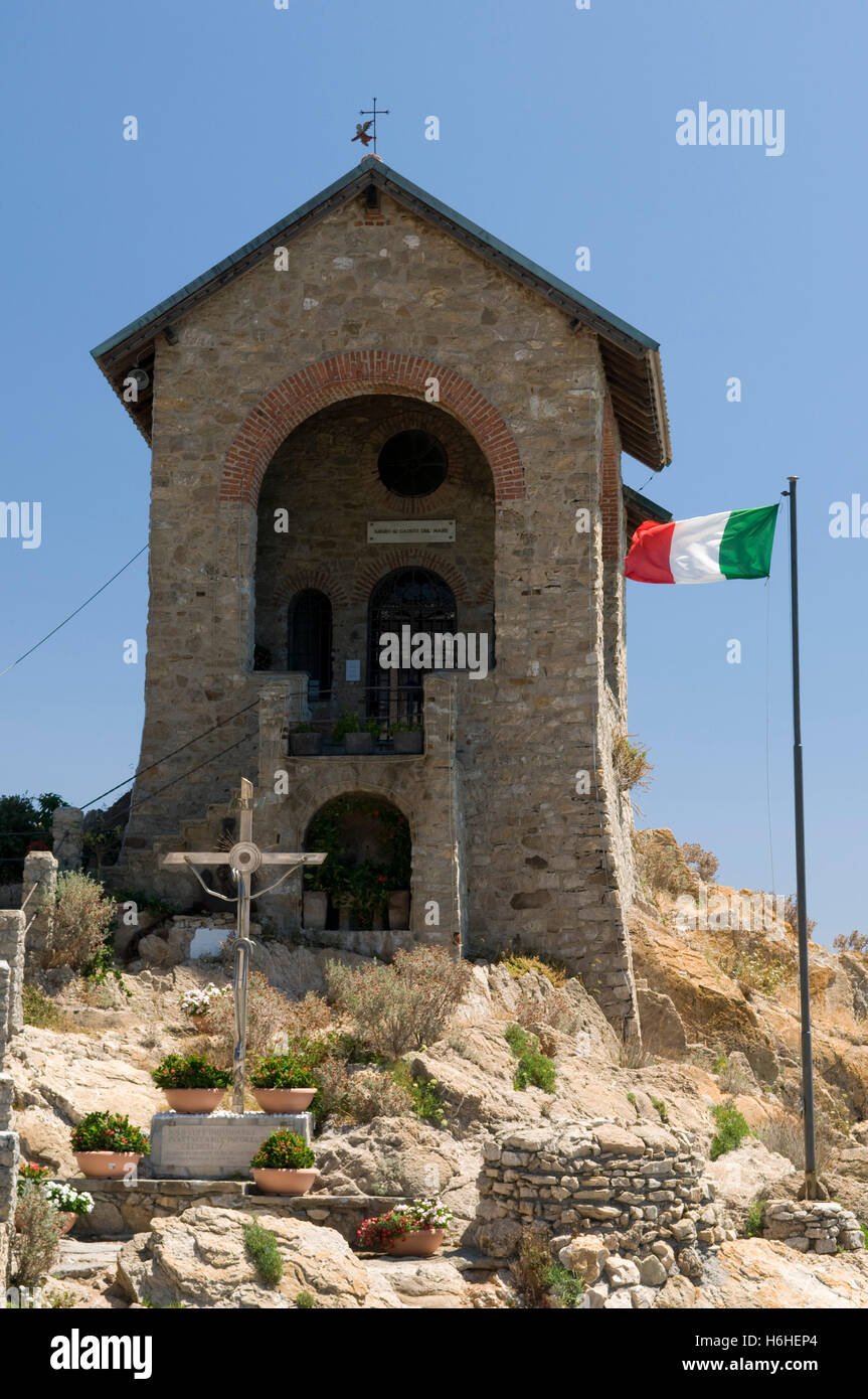 Capo Santa Croce Chapel, Italian flag, Alassio, Italian Riviera, Liguria, Italy, Europe Stock Photo