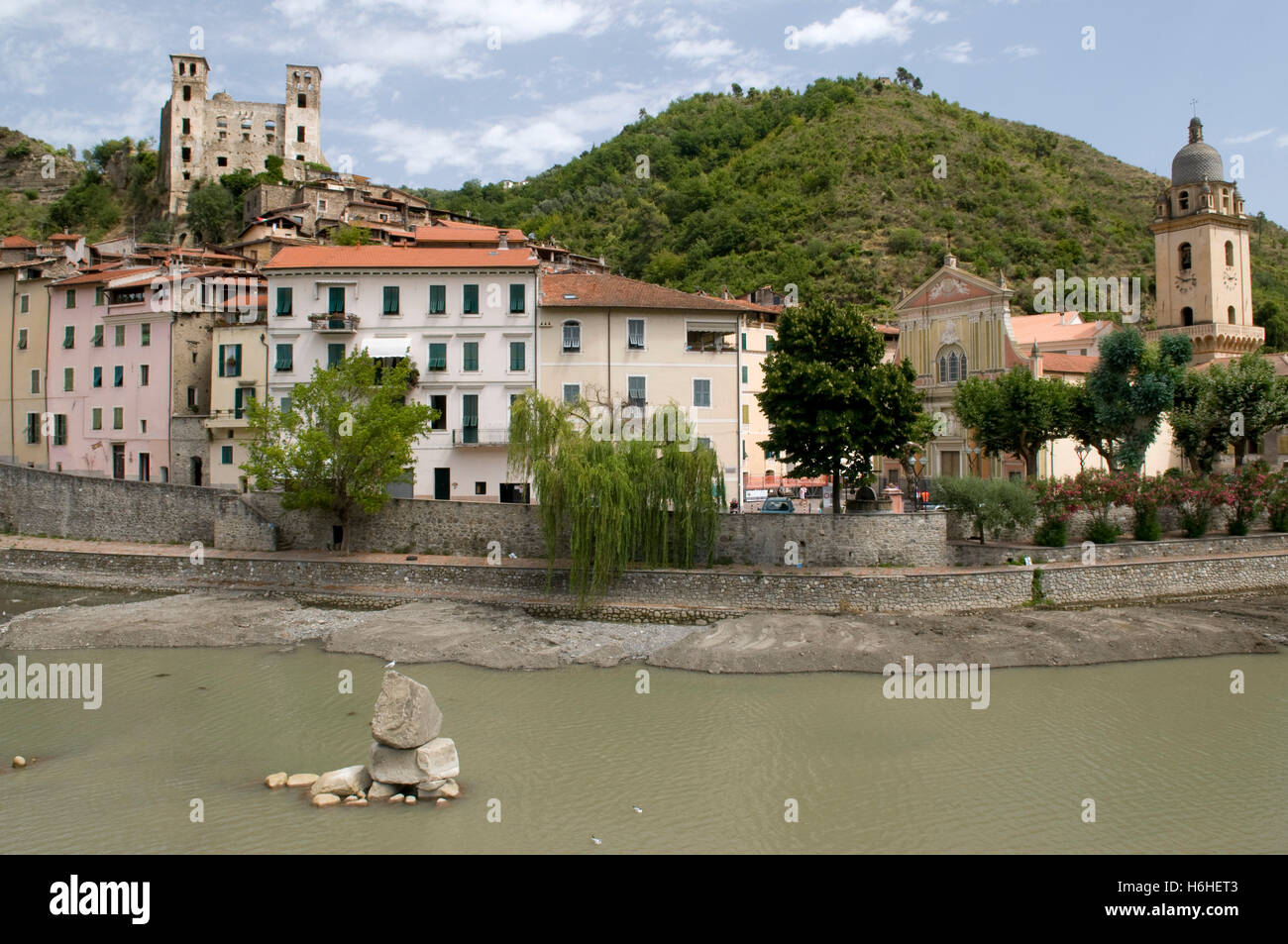 Parish church of Sant Antonio Abate and Castello Doria in the historic town, mountain village of Dolceacqua, Nervia Valley Stock Photo