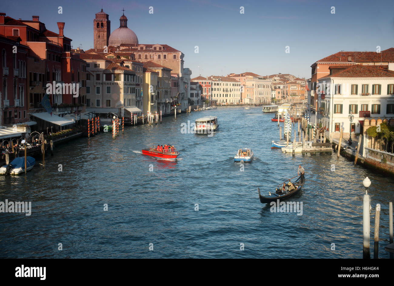 A view of the world-famous Grand Canal, the main waterway thoroughfare in Venice Italy Stock Photo