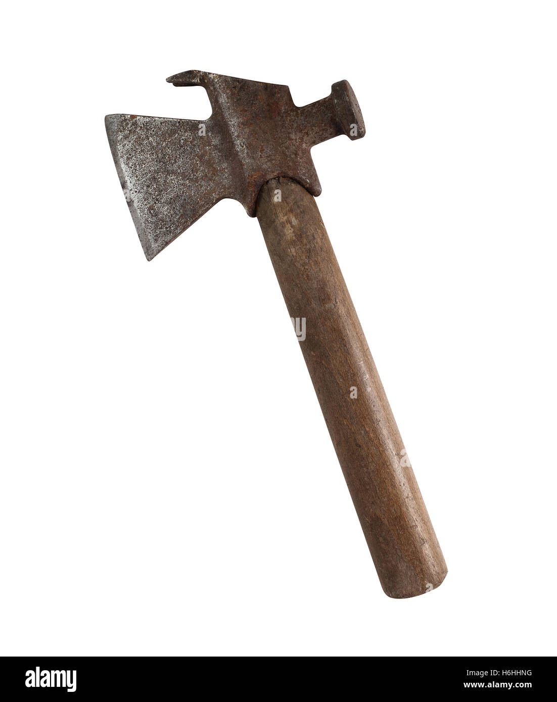 Vintage tool Wooden Handle Hatchet Hammer Axe Crowbar. Isolated with