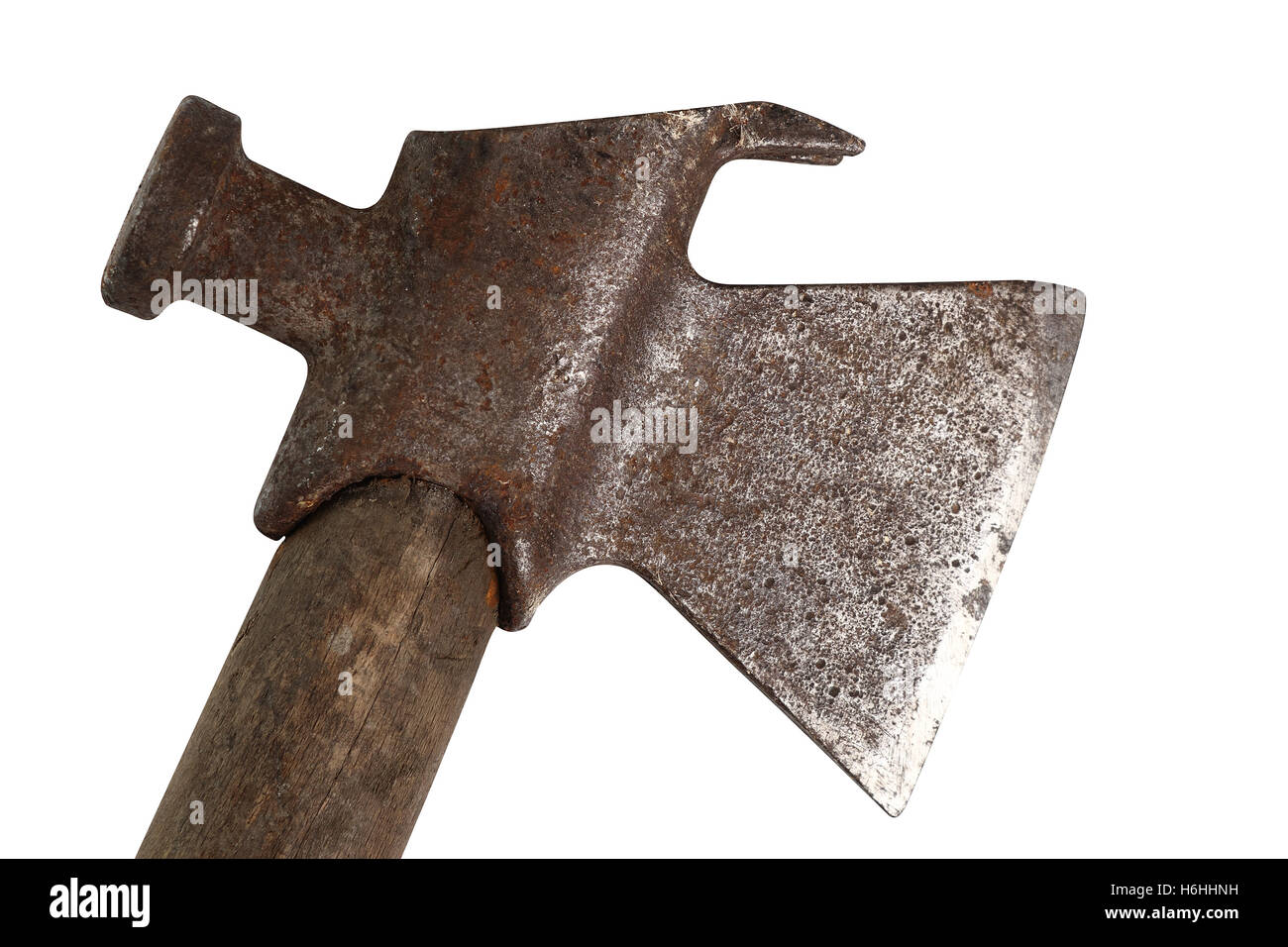 Vintage tool Wooden Handle Hatchet Hammer Axe Crowbar. Isolated with