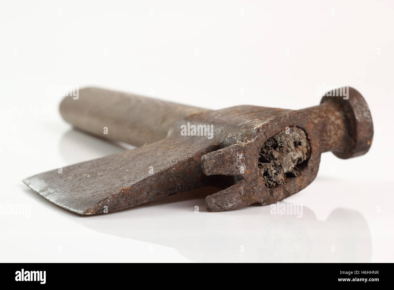 Vintage tool Wooden Handle Hatchet Hammer Axe Crowbar. Isolated on a