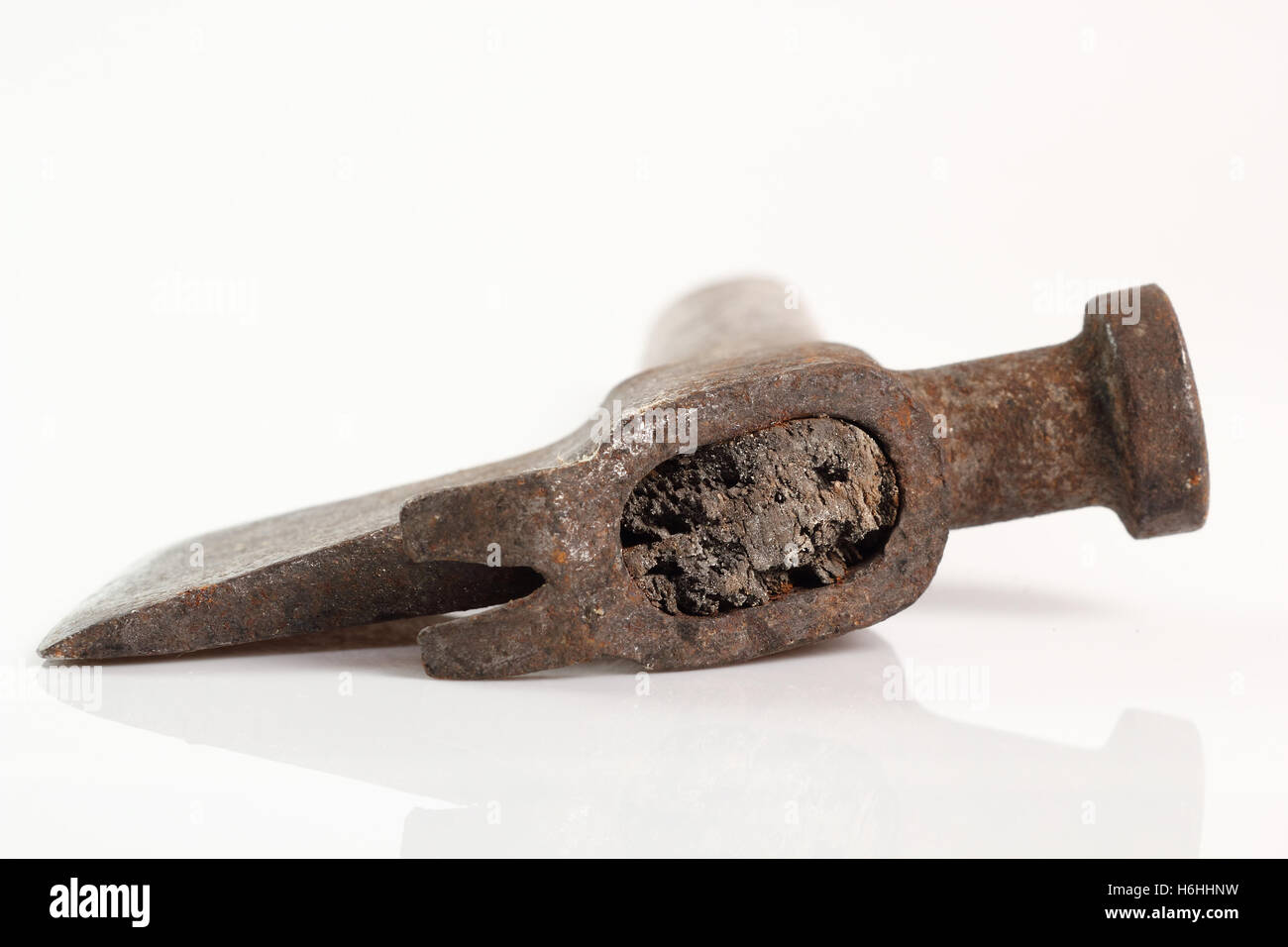 Vintage tool Wooden Handle Hatchet Hammer Axe Crowbar. Isolated on a