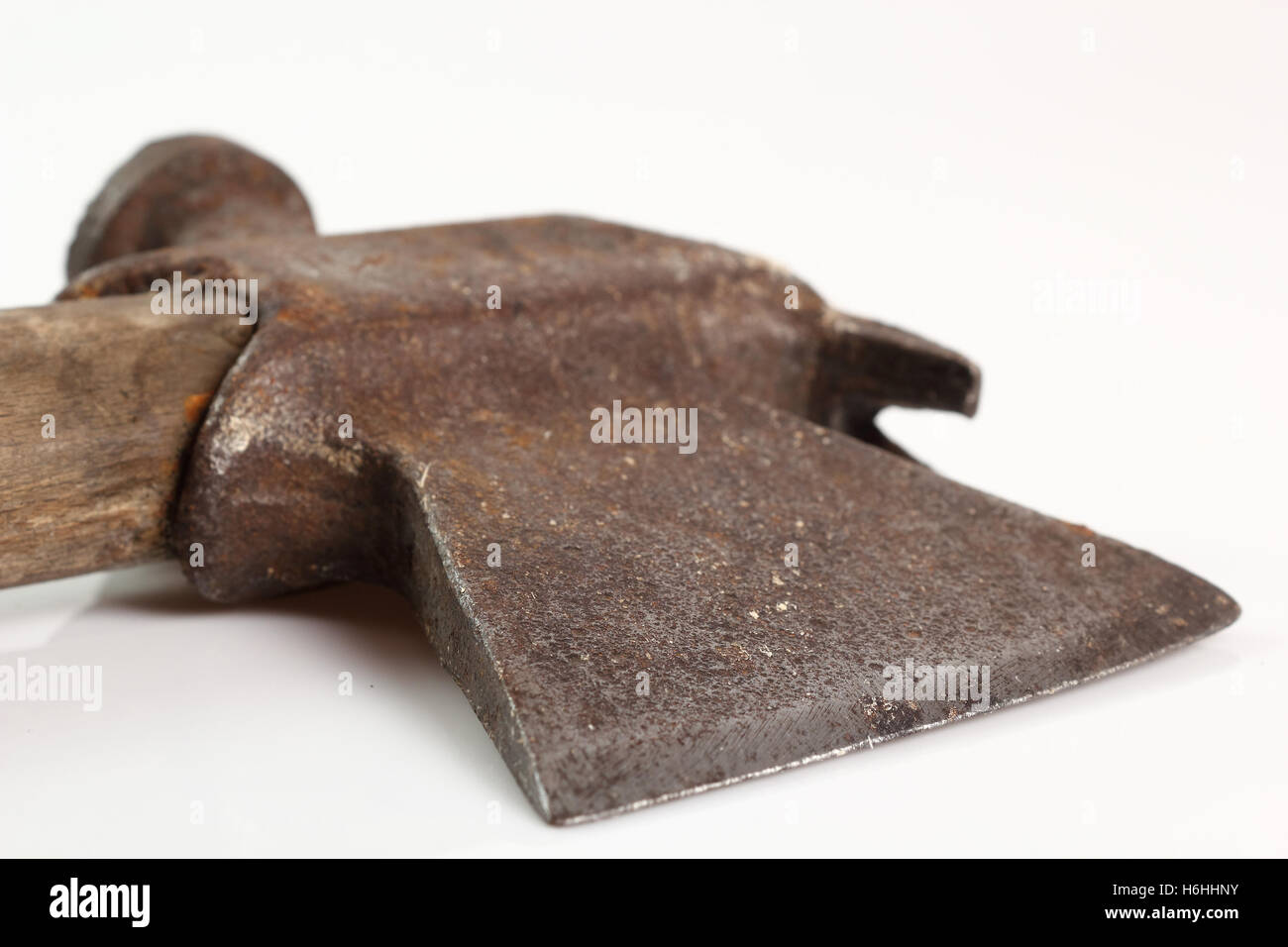 Vintage tool Wooden Handle Hatchet Hammer Axe Crowbar. Isolated on a