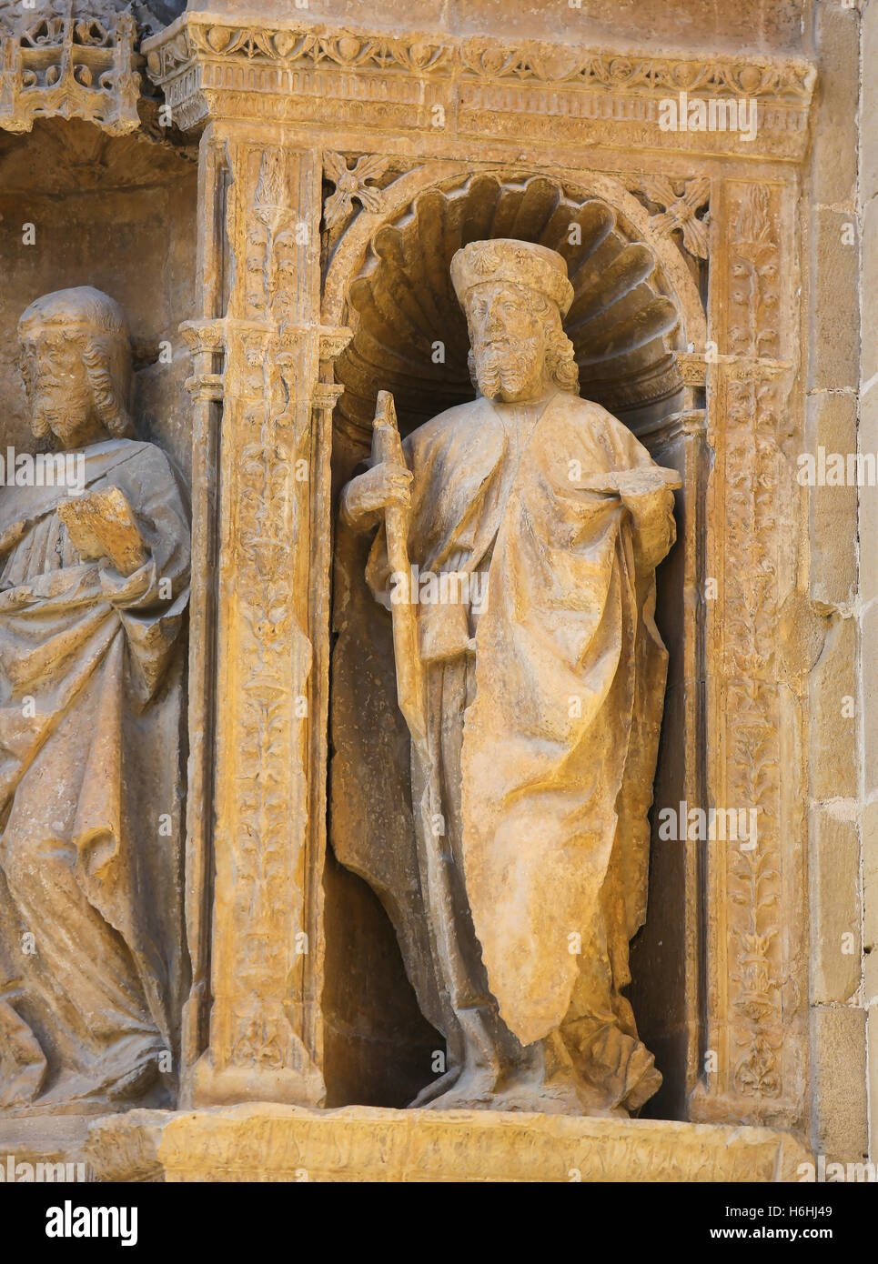 Statue of Saint James the Greater, one of the Apostles, at the16th Century Principal Gate at the Church of Santo Tomas in Haro, Stock Photo