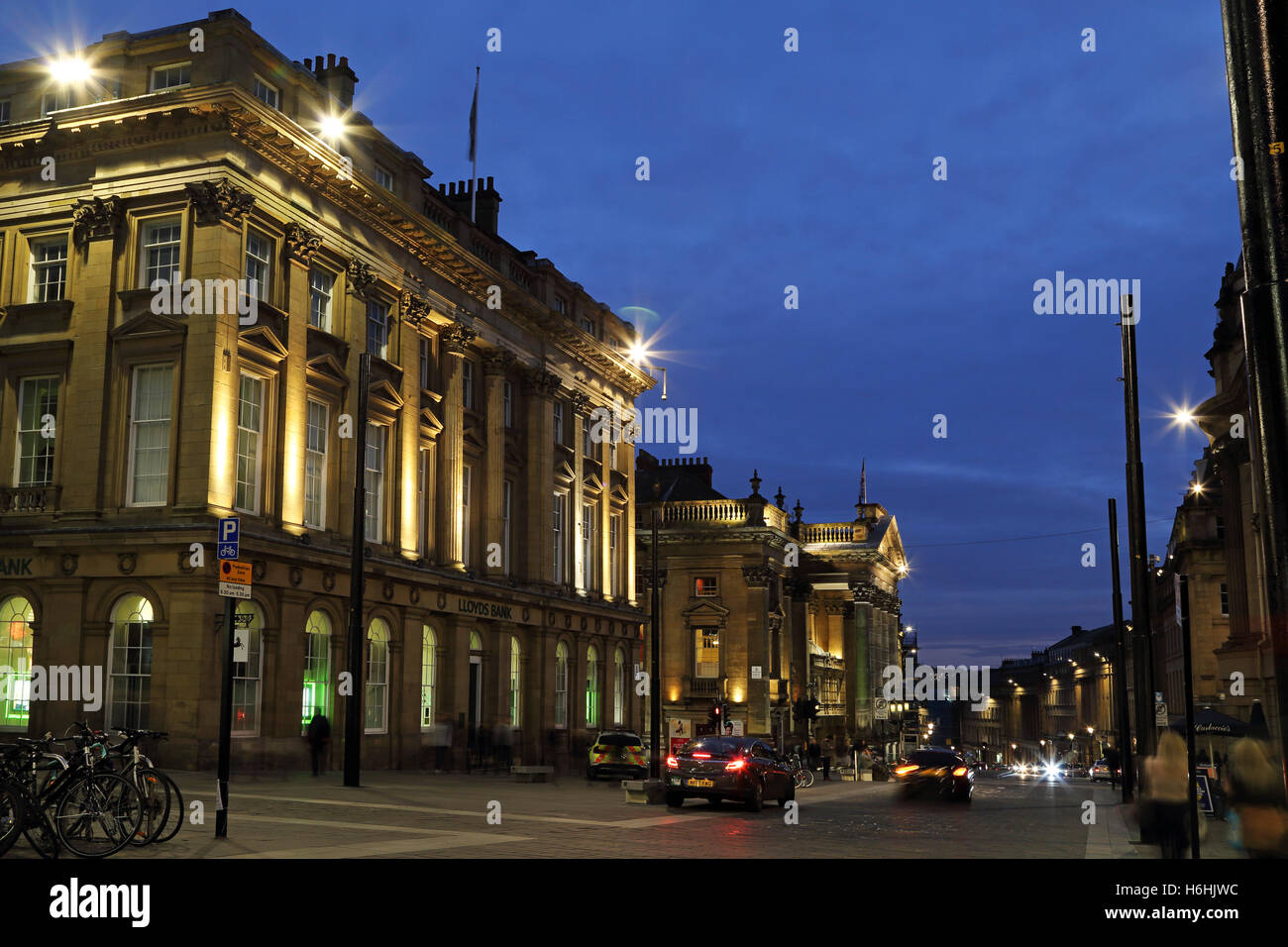 Grey Street in Newcastle-upon-Tyne, England. Dusk descends on the city centre. Stock Photo
