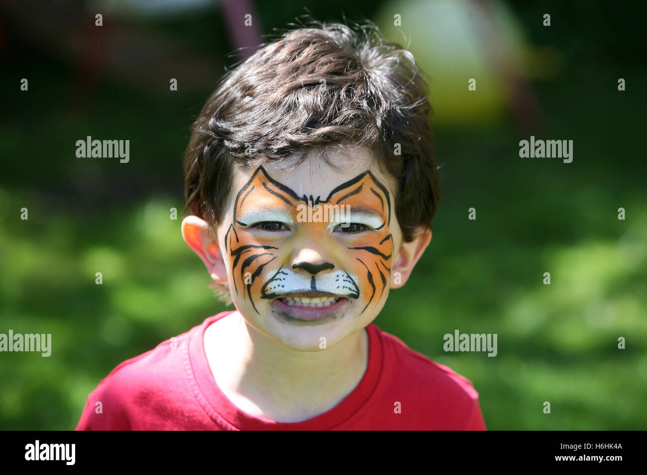 Young boy with face painted like a tiger Stock Photo