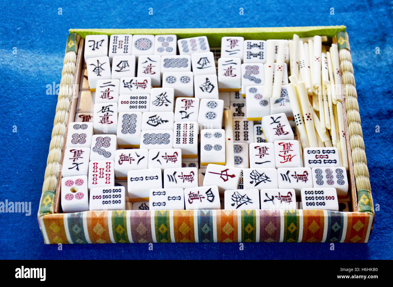 Gambling cards game Chinese style called Mahjong game in box Stock Photo