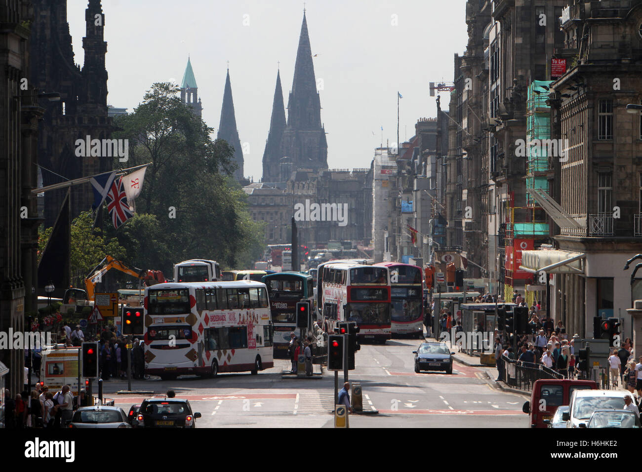 Traffic congestion in Edinburgh showing Princes Street Stock Photo
