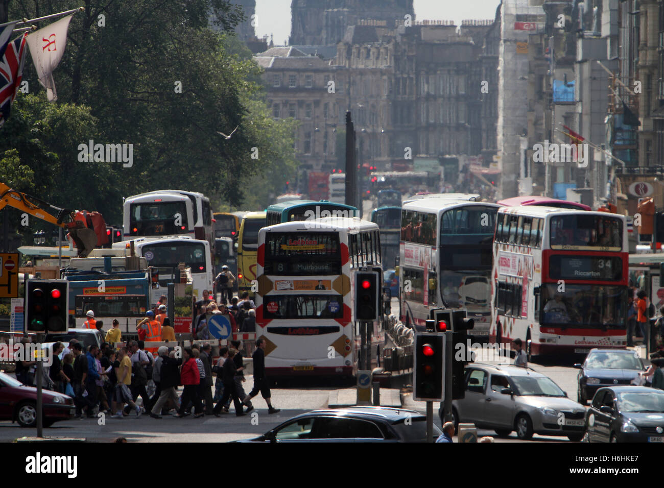 Traffic congestion in Edinburgh showing Princes Street Stock Photo