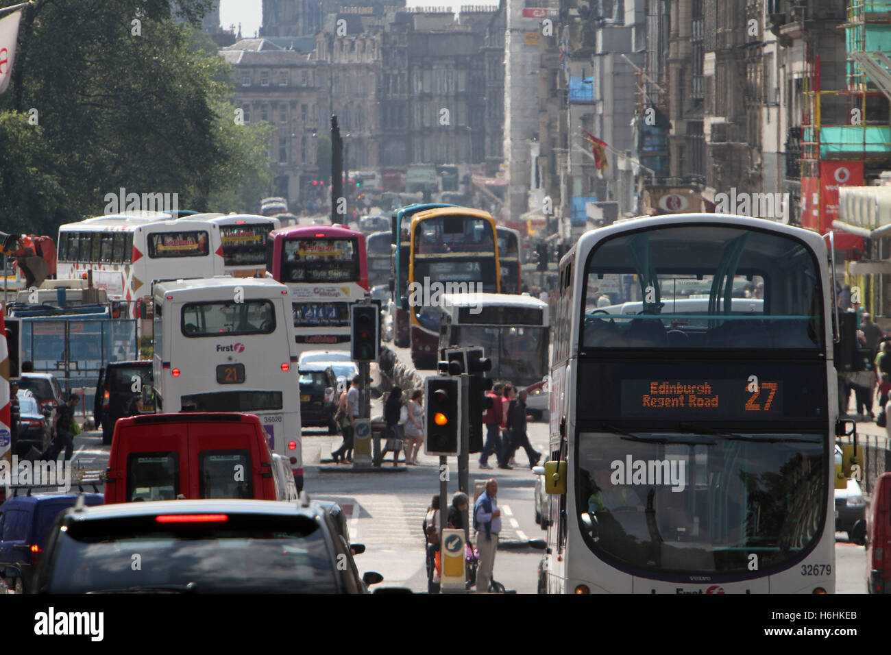 Traffic congestion in Edinburgh showing Princes Street Stock Photo