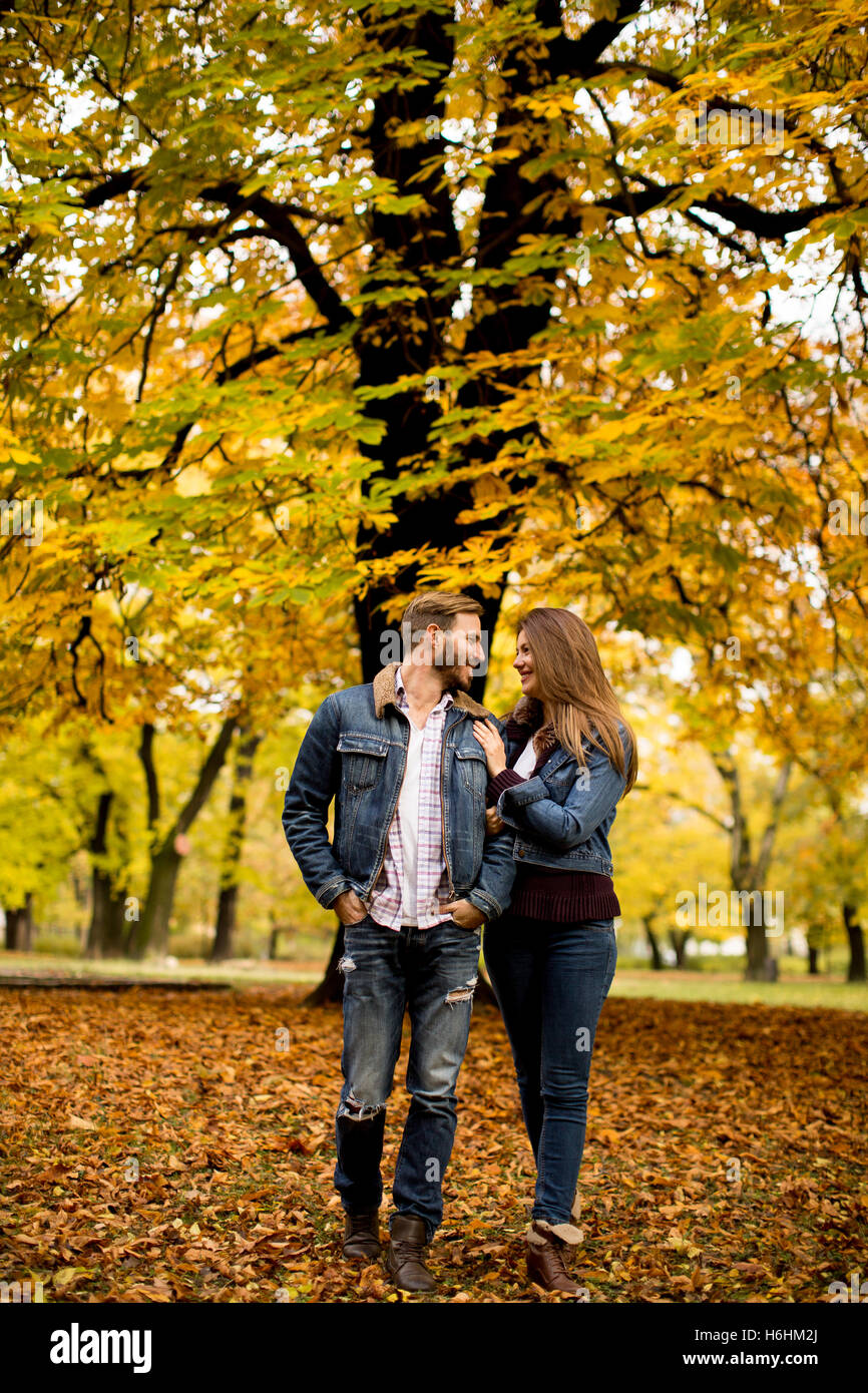 Young loving couple having a walk in the autumn park Stock Photo - Alamy