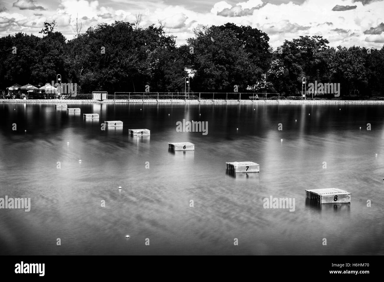 Black and white shoot of a rowing channel in Plovdiv, Bulgaria. Stock Photo
