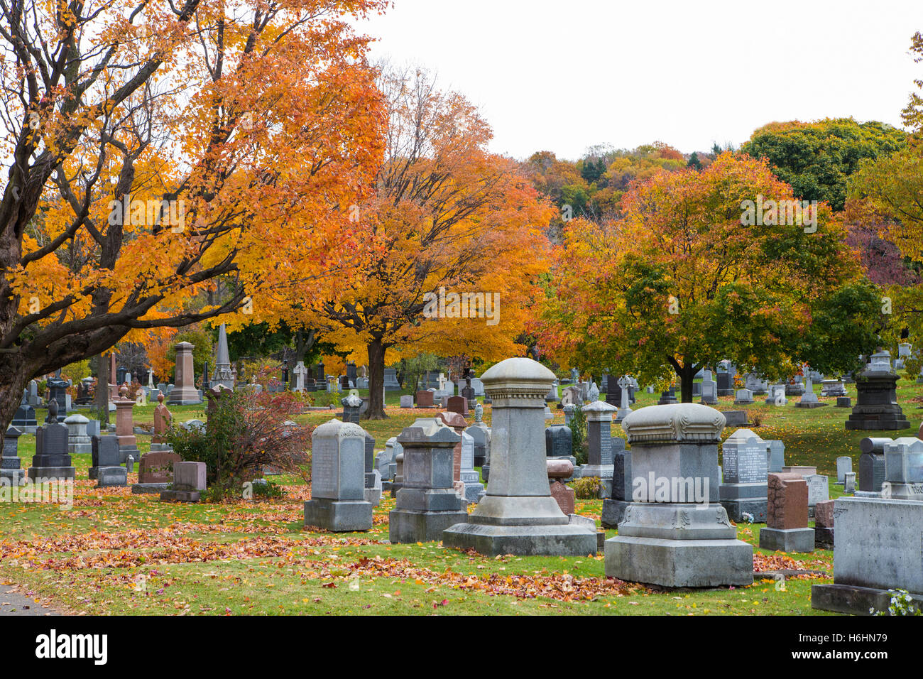 Autumn in Notre-Dame-des-Neiges cemetery, Montreal Stock Photo