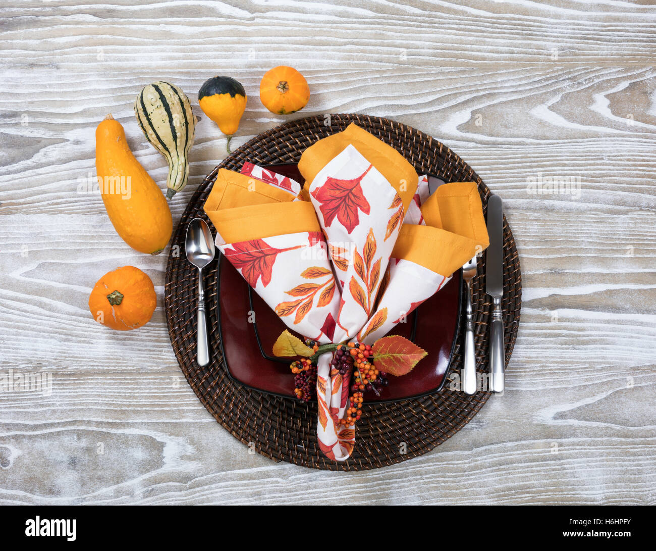 Overhead view of a festive autumn dinner setting with real gourd decorations on top of white wood Stock Photo