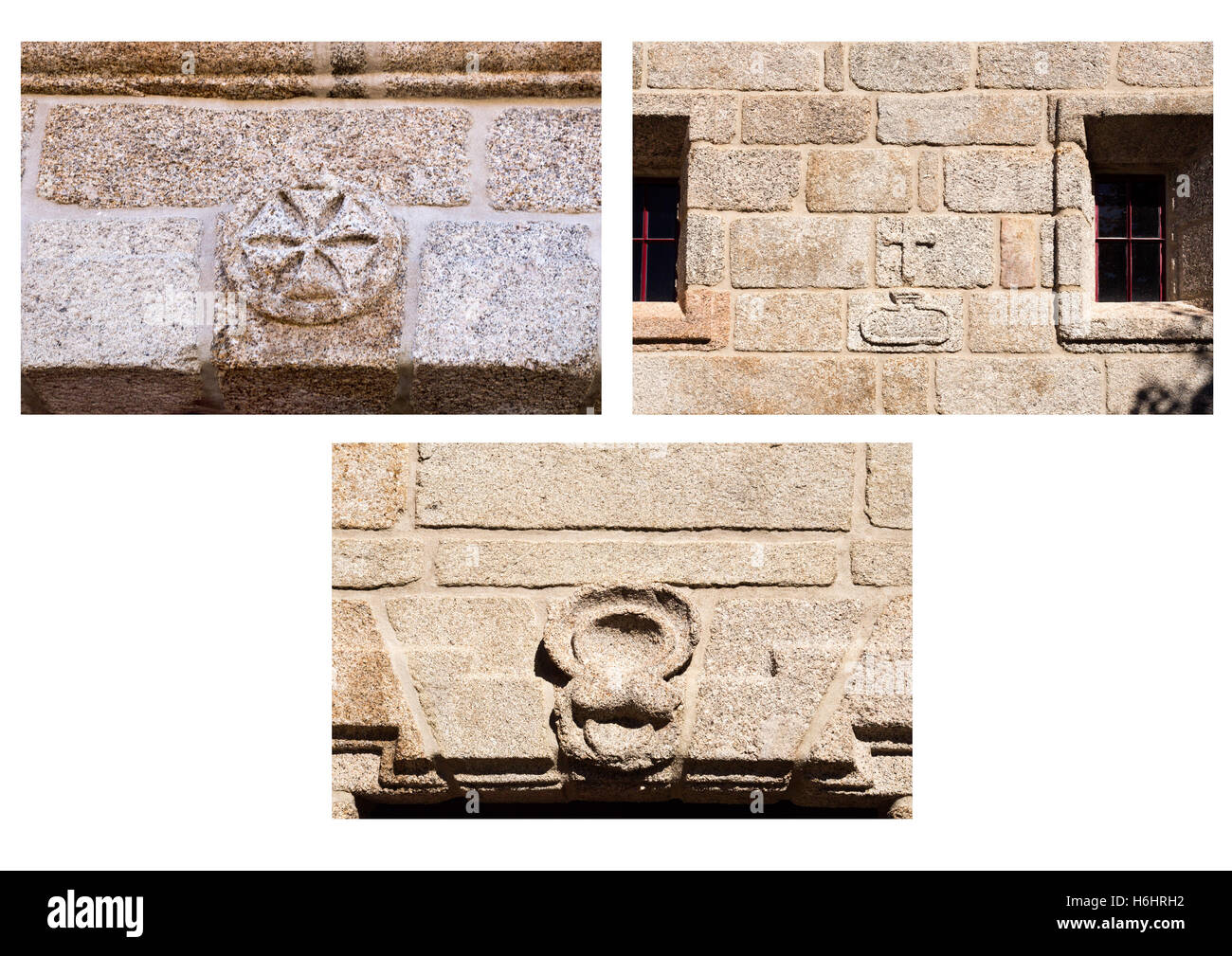 Detail of three stone carved symbols on the external walls of the Church of St Mary of Visitation (Santa Maria da Visitacao) in Stock Photo