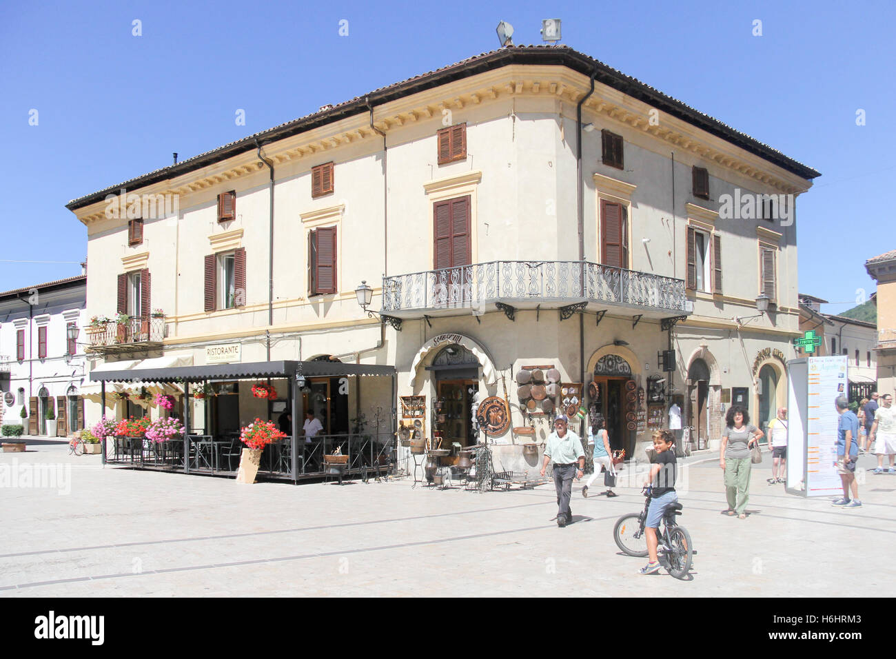 The Piazza san Benedetto in Norcia, Umbria, Italy. The town has been badly hit by earthquakes in 2016, the latest of which on Oc Stock Photo