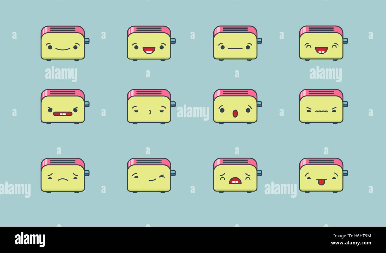 Set of vector kawaii toaster emoticons. Isolated on pale green ...