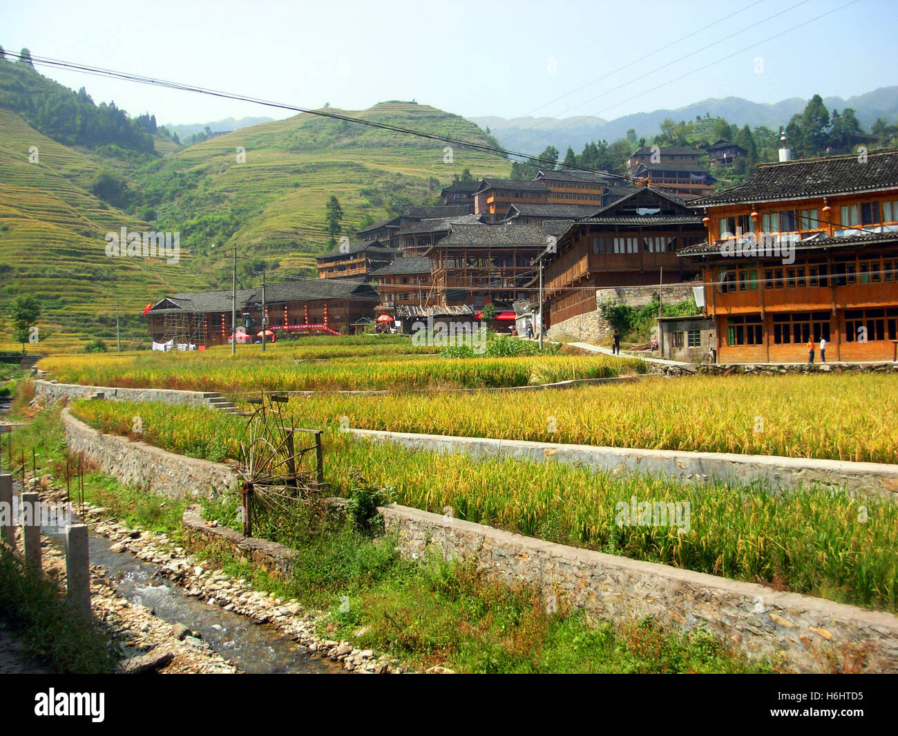 Wooden houses inside Dazhai traditional village, Guilin, Guangxi province, China Stock Photo