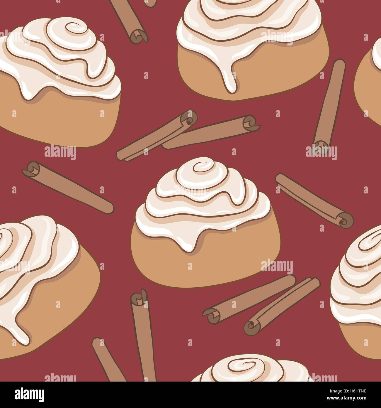 Seamless pattern with cinnamon rolls and sticks of cinnamon. Freshly