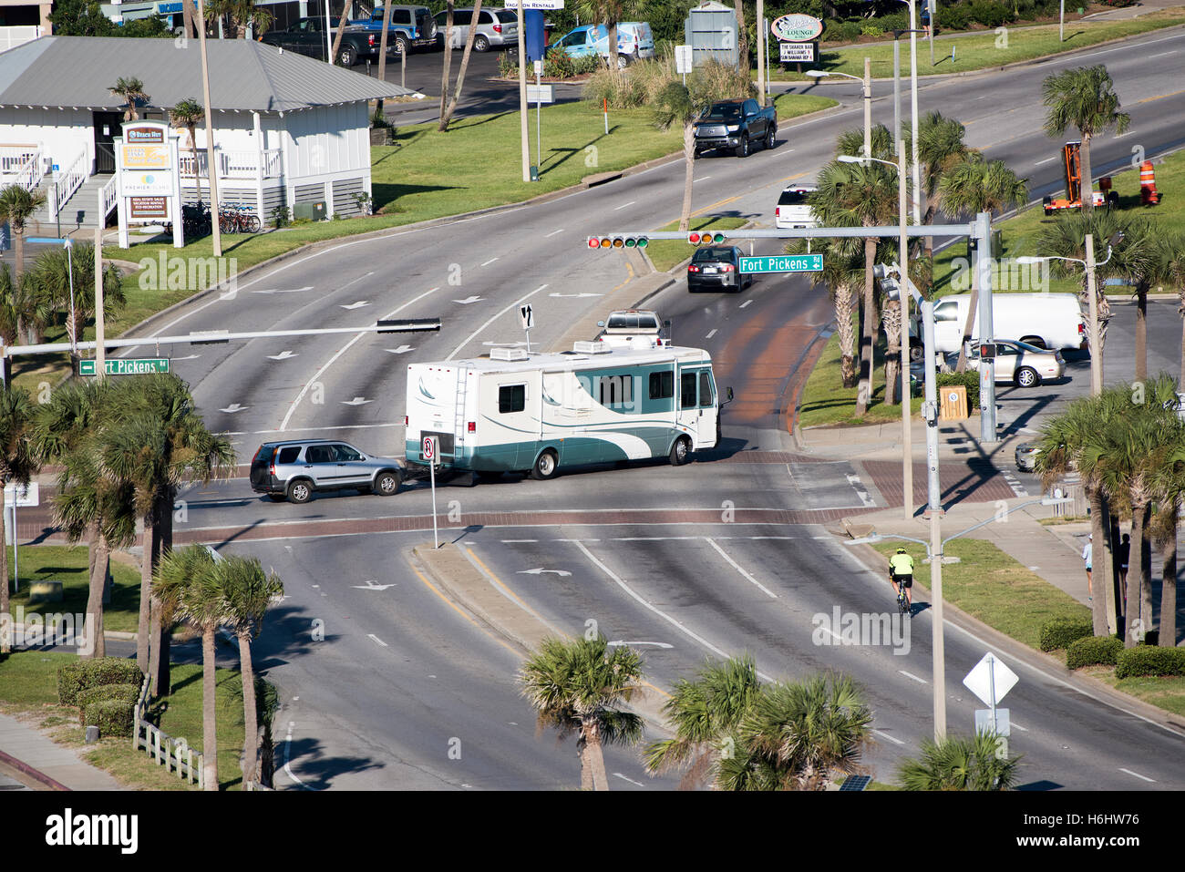 Pensacola Beach Florida USA Overview of a RV towing a car over a road