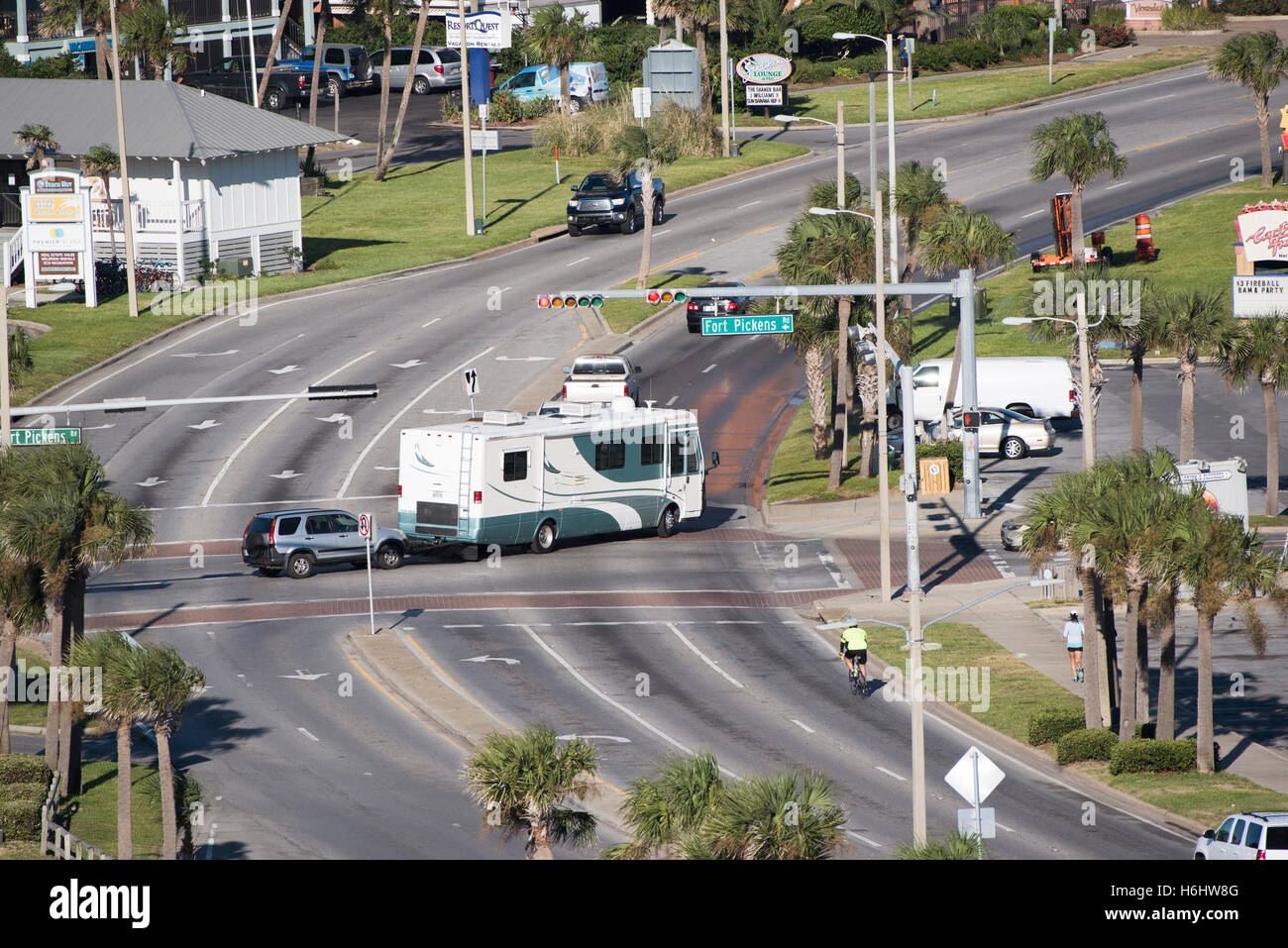 Pensacola Beach Florida USA Overview of a RV towing a car over a road