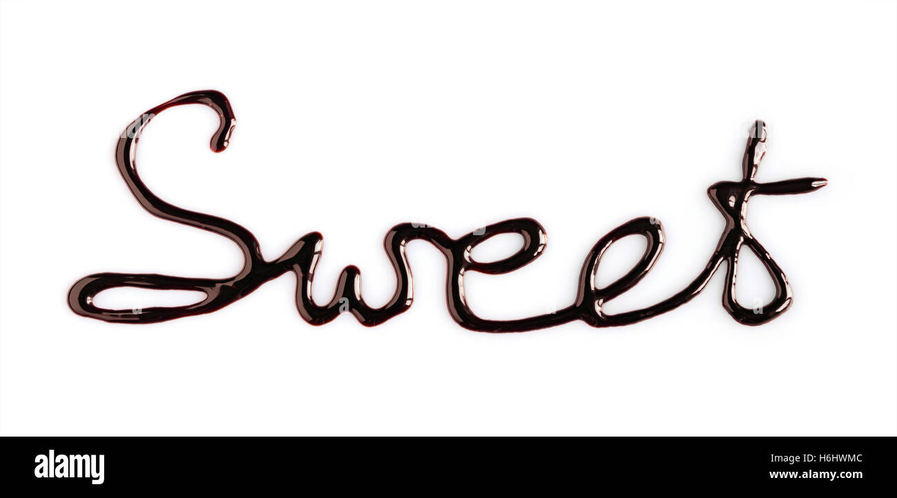 Word 'Sweet' written by chocolate isolated on white background Stock Photo