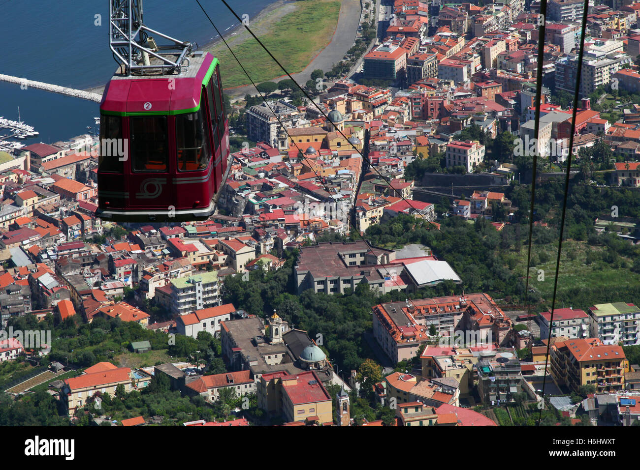Red purple cable car ride near to Sorrento Italy, makes you think just how good it Italian engineering safety records etc. Stock Photo