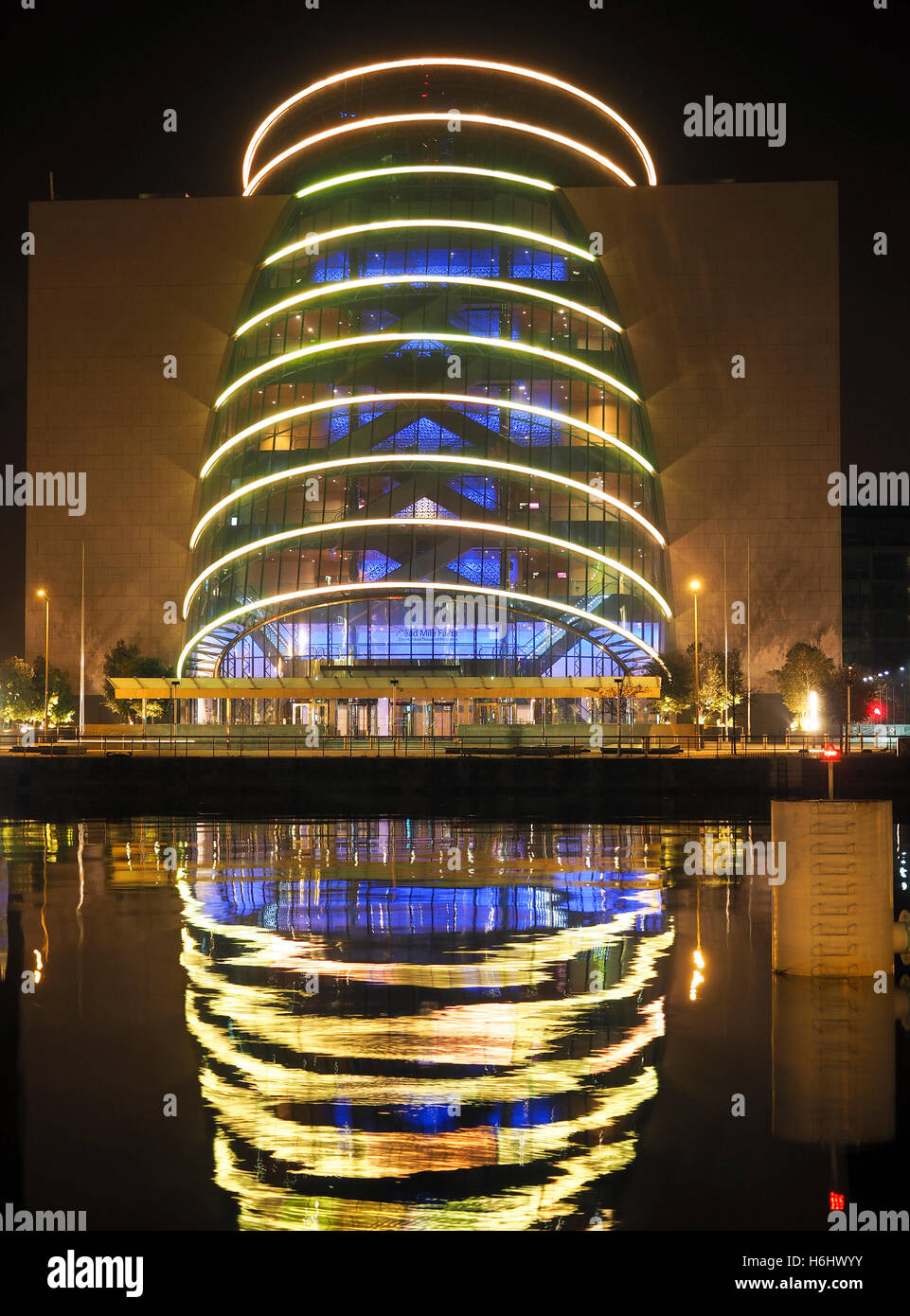 Convention Center night architecture with reflection Dublin Ireland on River Liffey Docklands Spencer Dock Stock Photo