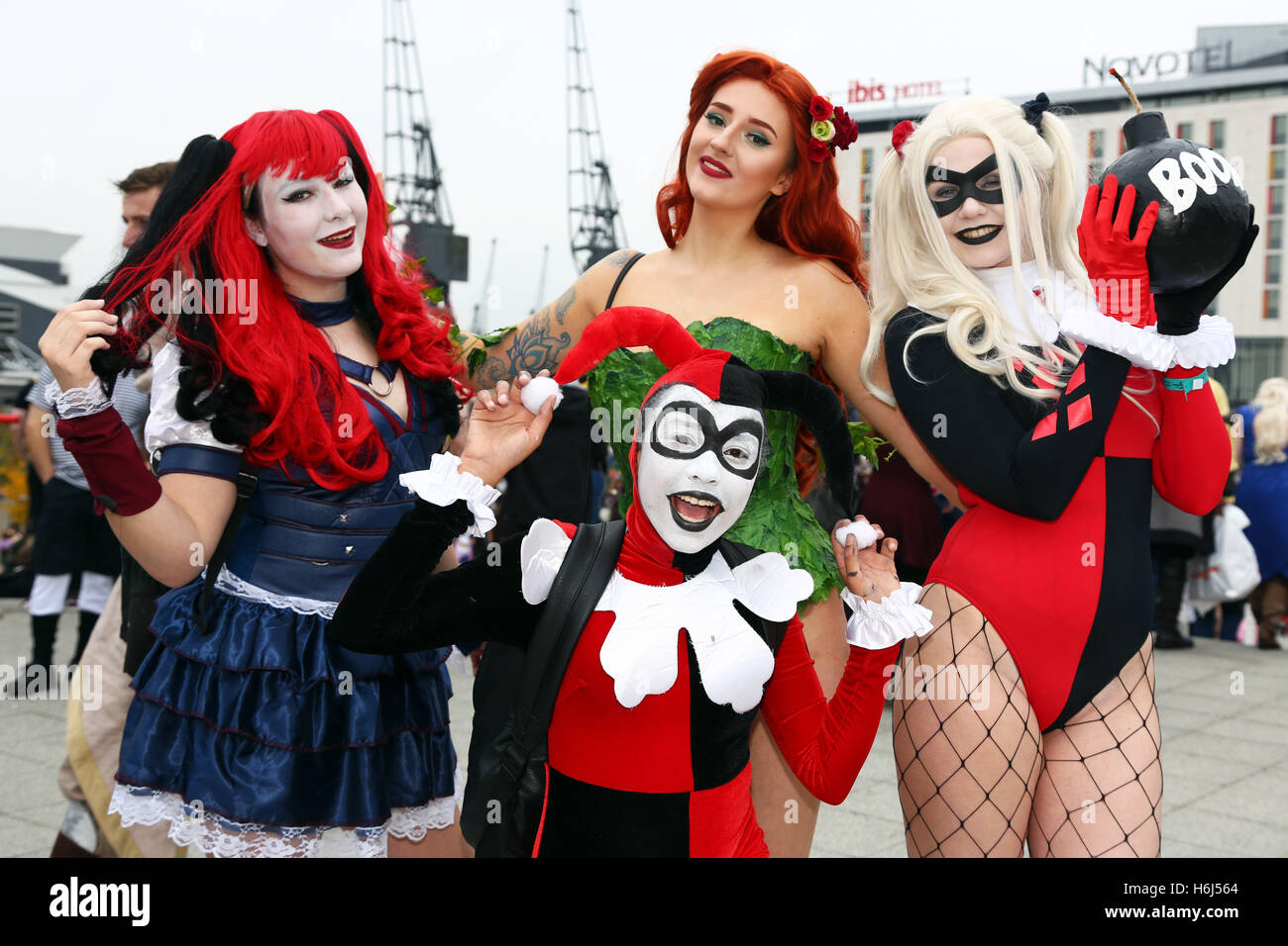 London, UK. 29th October 2016. Participants dressed as Harley Quinns at day two of MCM London Comic Con, one of the largest pop culture events in the UK taking place at Excel London. Credit:  Paul Brown/Alamy Live News Stock Photo