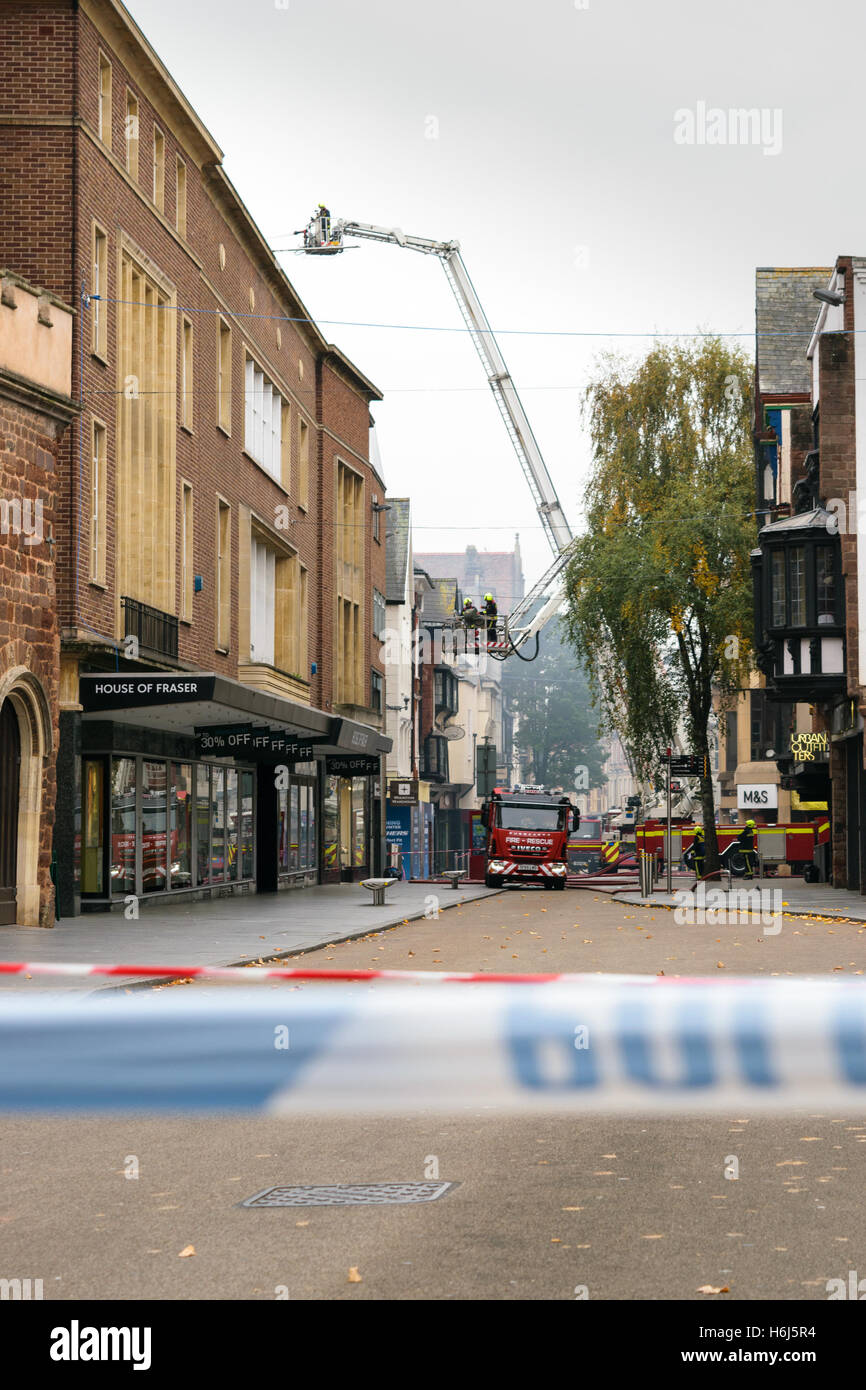 Exeter, Devon, England, UK - 29 October 2016: Exeter High street blocked while the firemen work to extinguish the fire at Royal Clarence Hotel. The hotel is the oldest one in England. Credit: Cristina Neacsu/Alamy Live News Stock Photo