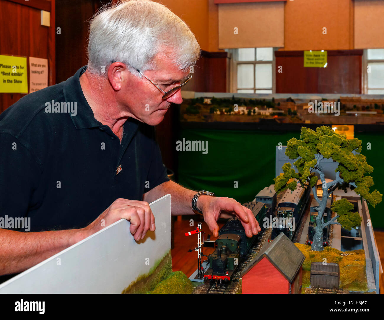 Glasgow, Scotland, UK. 29th October, 2016. On the opening day, of the two day annual Cathcart Model Railway more than a thousand model railway enthusiasts, with ages ranging from 18 months to 100 years old, came to view the railway layouts in various guages and era.ALISTAIR MacKAY from Glasgow is setting up his 'O' guage display Credit:  Findlay/Alamy Live News Stock Photo
