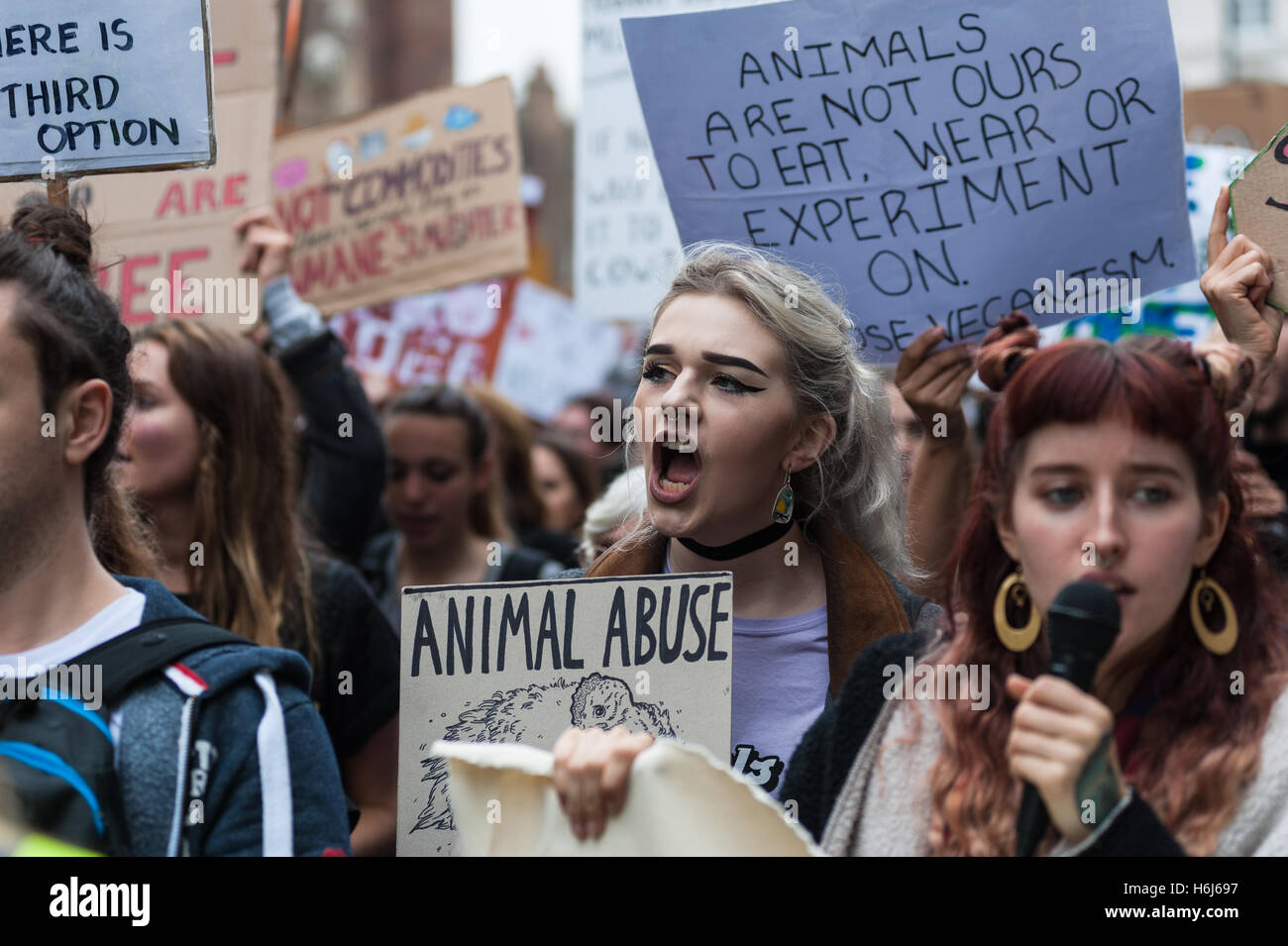 London, UK. 29th October 2016. Hundreds of activists and campaigners took part in 'The Official Animal Rights March' in Central London. The protesters demanded complete abolition of animal exploitation and end to oppression and mistreatment of animals for human benefit. Participants promoted veganism as one of the means for creating a better world for the animals. Wiktor Szymanowicz/Alamy Live News Stock Photo