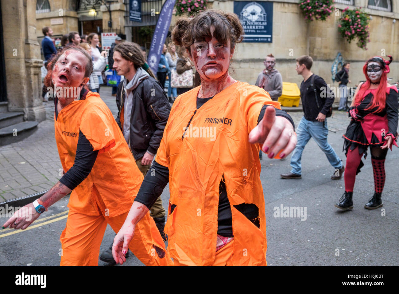 Bristol, UK. 29th Oct, 2016. People dressed as Zombie's are pictured as they take part in the annual Bristol zombie walk. Credit:  lynchpics/Alamy Live News Stock Photo