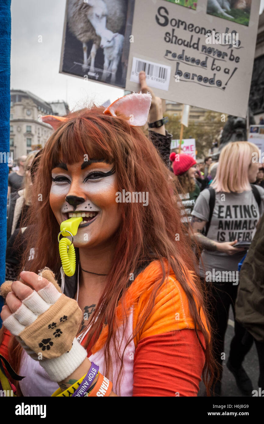 London, UK. 29th Oct, 2016. Hundreds of vegans marched through central London to a rally in Parliament Square calling for an end to killing animals for human benefit. The march was organised by London Vegan Actions and Surge Credit:  Guy Corbishley/Alamy Live News Stock Photo