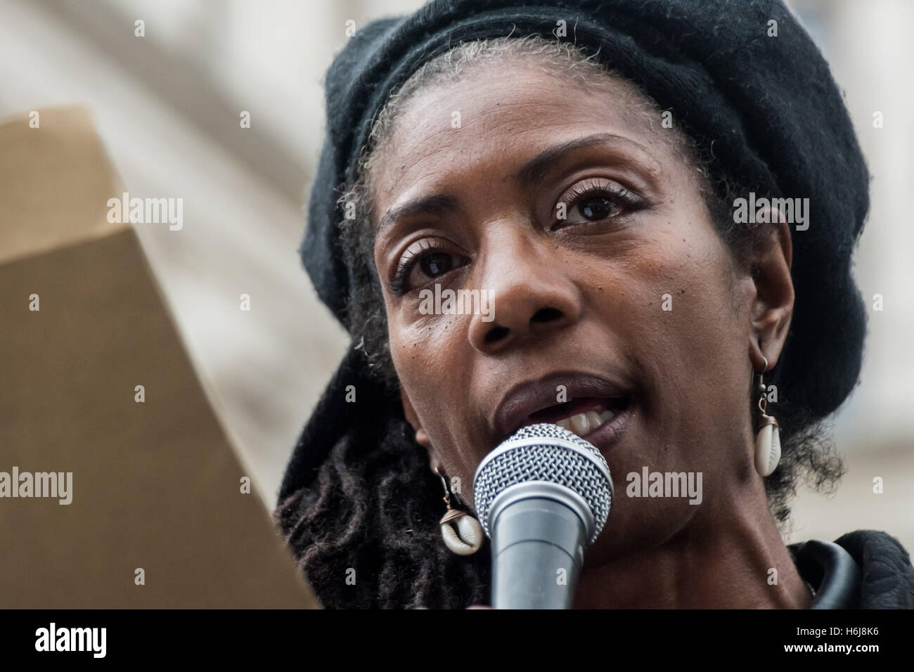 London, UK. 29th October 2016. Marcia Rigg, whose brother Sean was killed in Brixton Police Station in 2008 speaks at the annual rally by the United Families and friends of people killed by police or in prisons at Downing St. Peter Marshall/Alamy Live News Stock Photo